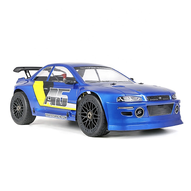 Blue RC drift car with yellow A5 livery and black rims from revnhaus