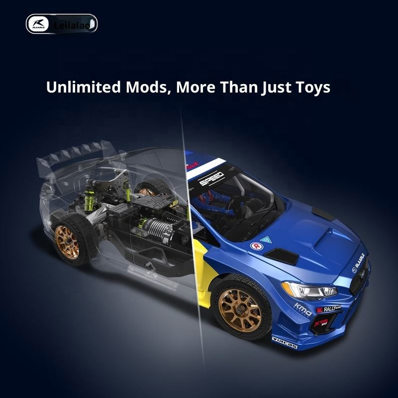 Blue RC drift car with transparent chassis showing internal mods, from revnhaus