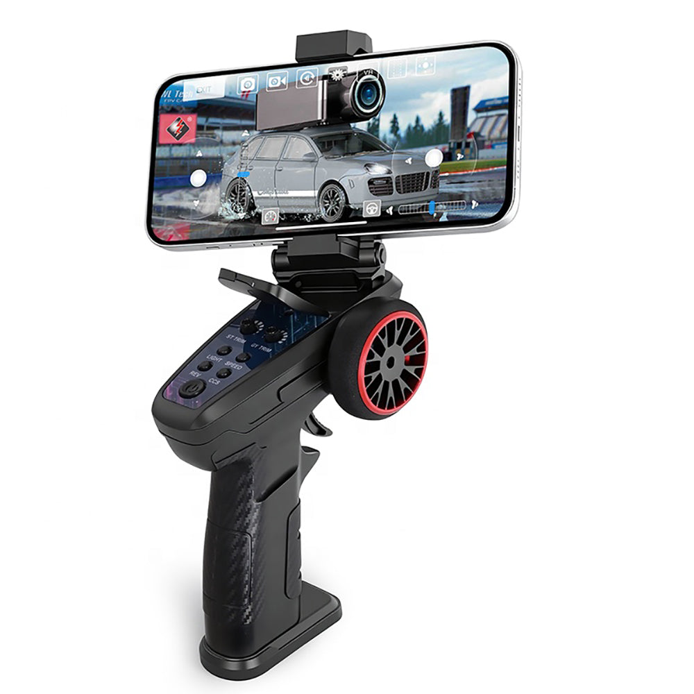 RC drift car controller with phone mount and VR camera, sim racing setup from revnhaus
