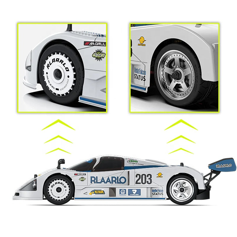 White RC drift car with RLAARLO 203 livery, detailed wheels and decals from revnhaus