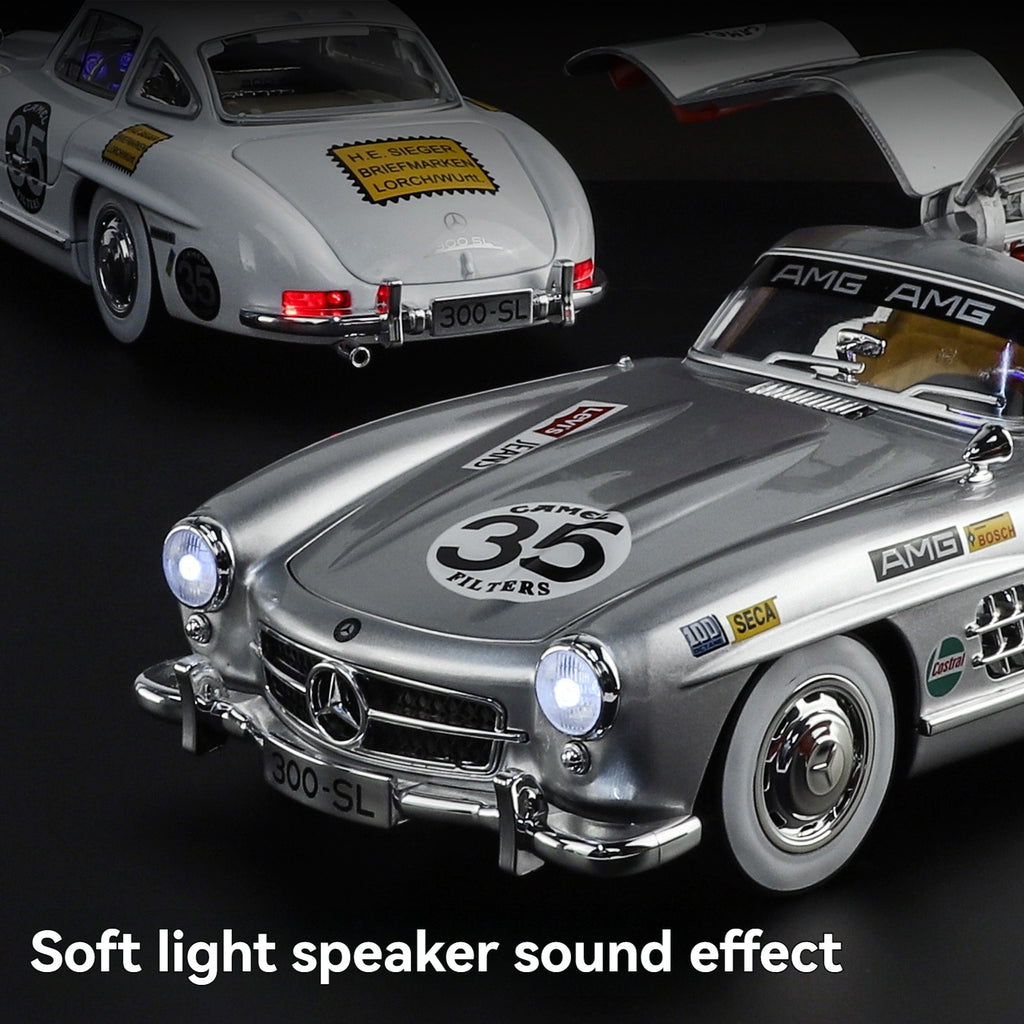 Silver Mercedes 300 SL die-cast model with racing decals, light & sound effects from revnhaus