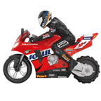 Red RC motorcycle with rider, racing decals, and 'Take Risks' slogan from revnhaus