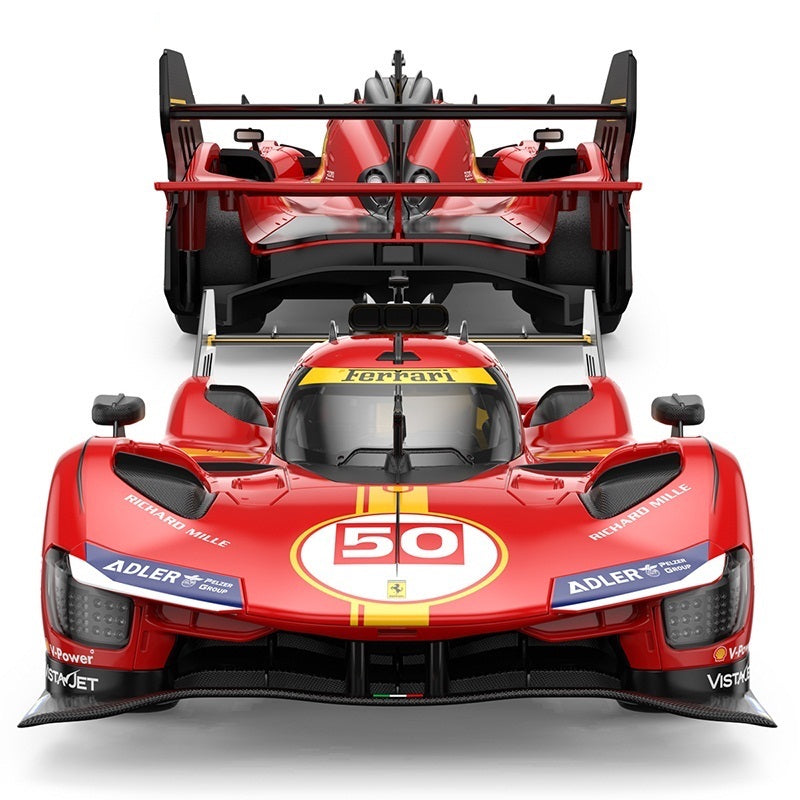 Red Ferrari 50 race car with Richard Mille and Adler branding, front and rear view from revnhaus