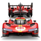 Red Ferrari 50 race car with Richard Mille and Adler branding, front and rear view from revnhaus