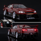 Red Nissan Skyline GT-R die-cast model with LB Performance livery, detailed interior, from revnhaus