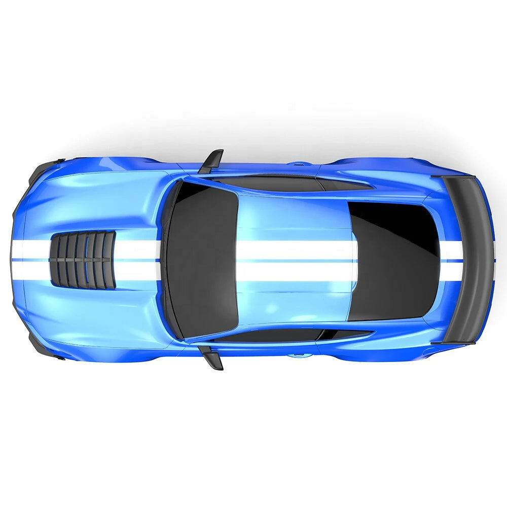 Blue RC drift car with white racing stripes and black accents from revnhaus