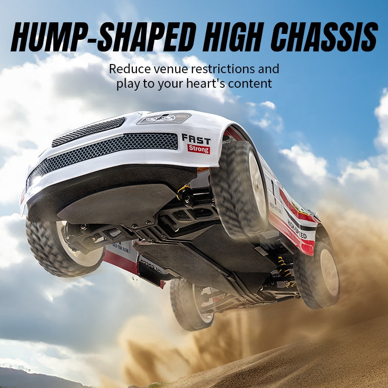 RC drift car with hump-shaped high chassis airborne over dirt, from revnhaus