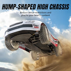 RC drift car with hump-shaped high chassis airborne over dirt, from revnhaus