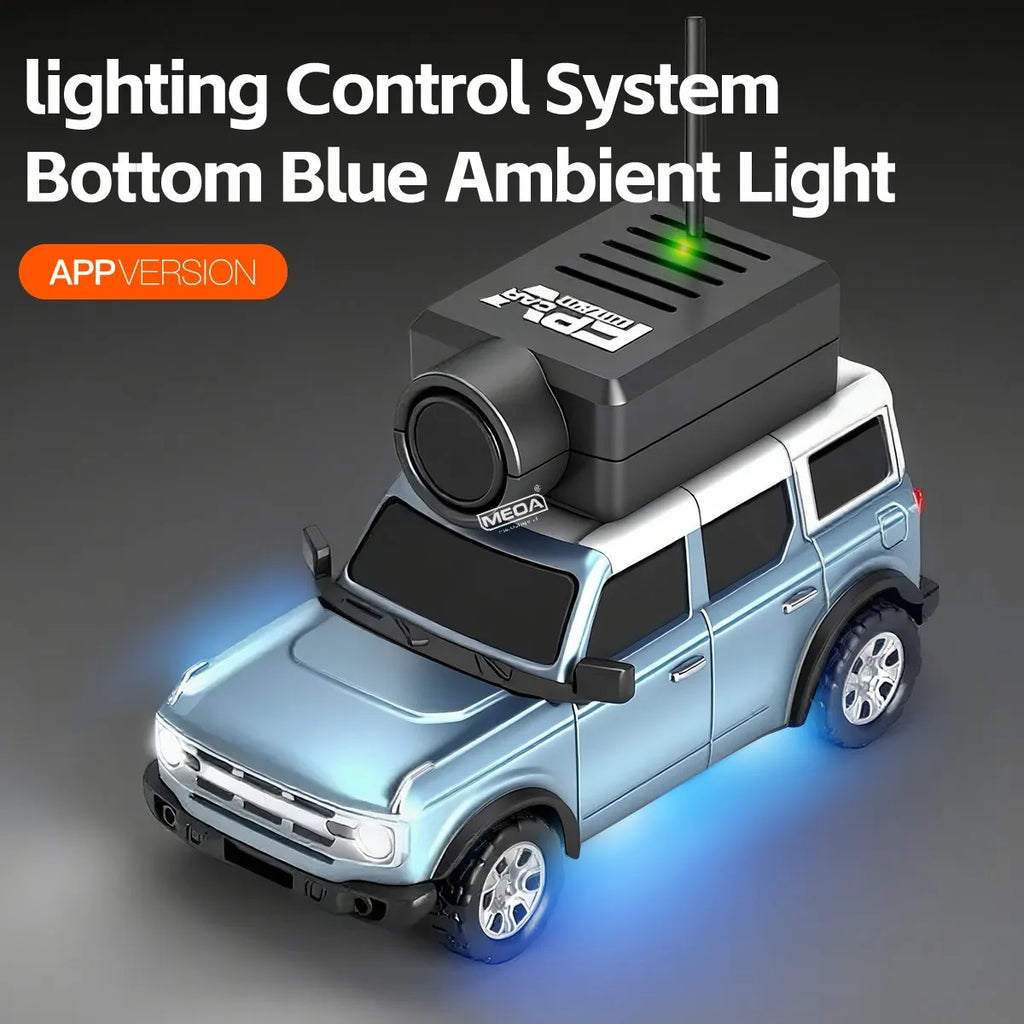 Blue RC drift car with app-controlled lighting system and blue ambient glow from revnhaus