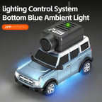 Blue RC drift car with app-controlled lighting system and blue ambient glow from revnhaus