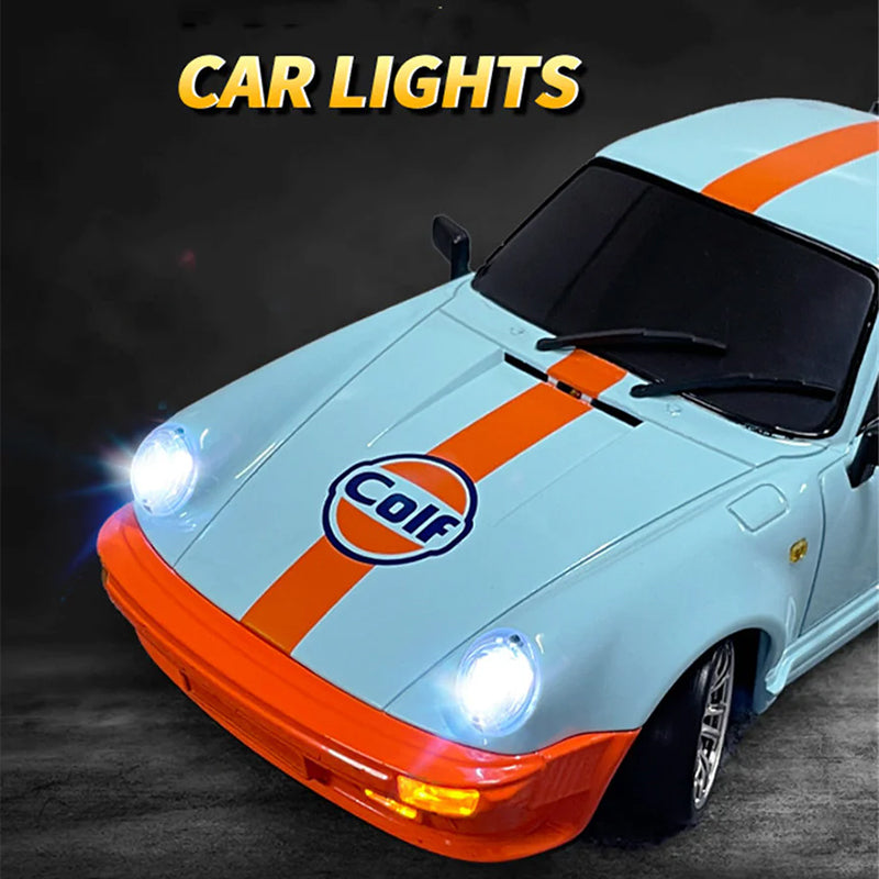 RC drift car with glowing headlights and Gulf livery, from revnhaus