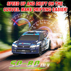 Blue RC drift car speeding on dirt track with speedometer graphics, 50-80 km/h, from revnhaus
