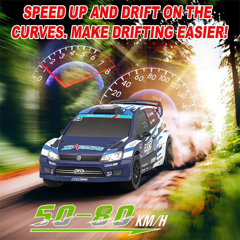 Blue RC drift car speeding on dirt track with speedometer graphics, 50-80 km/h, from revnhaus