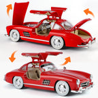 Red Mercedes 300 SL die-cast model with gull-wing doors open, detailed interior, from revnhaus