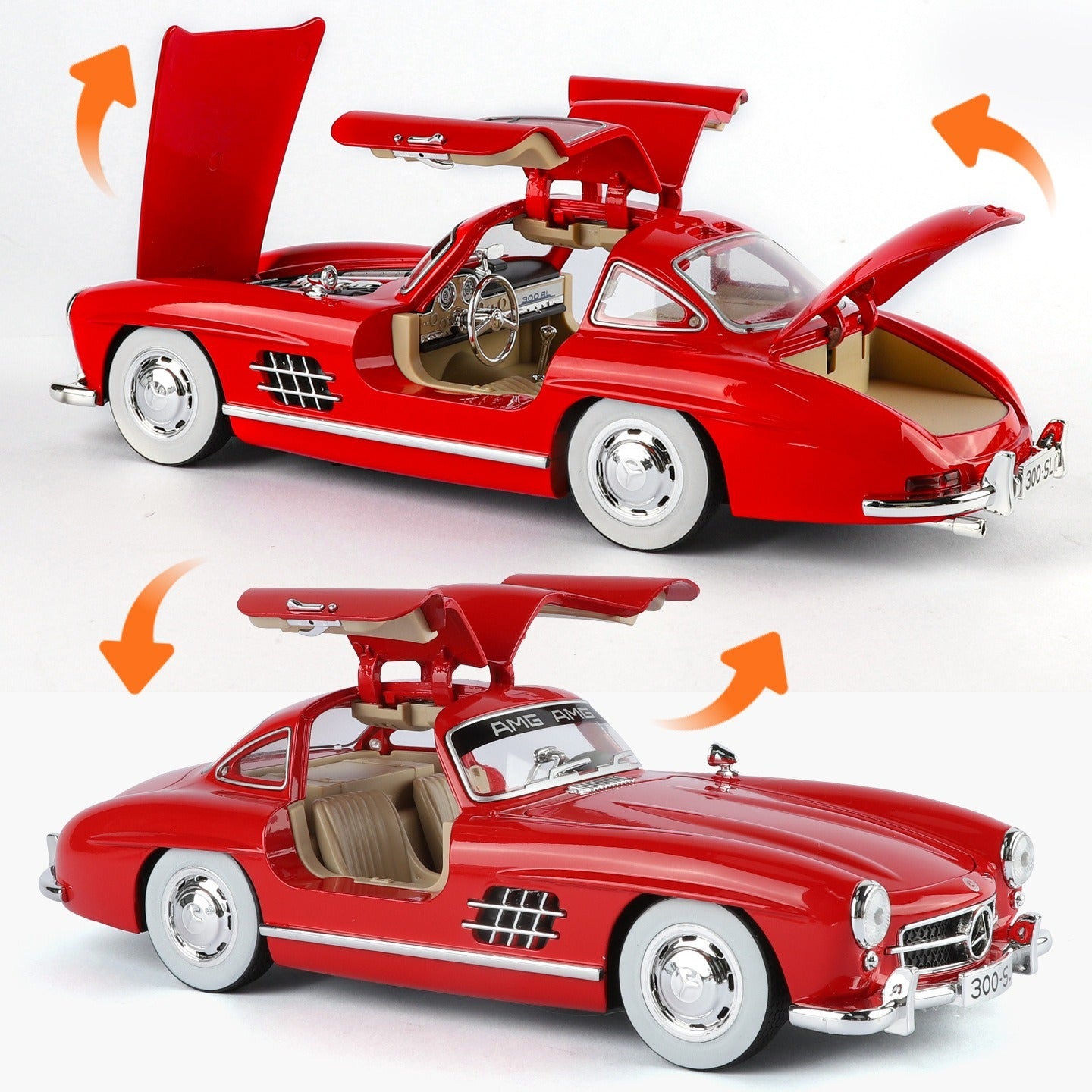 Red Mercedes 300 SL die-cast model with gull-wing doors open, detailed interior, from revnhaus