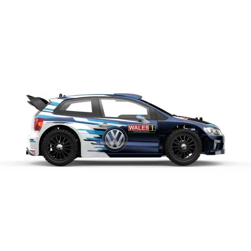 Volkswagen rally car RC drift model with Wales livery, blue and white graphics, from revnhaus