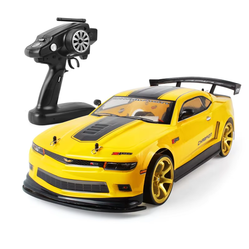 Yellow RC drift car with black racing stripes and remote control from revnhaus