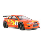 Orange Subaru RC drift car with racing decals and number 5, from revnhaus