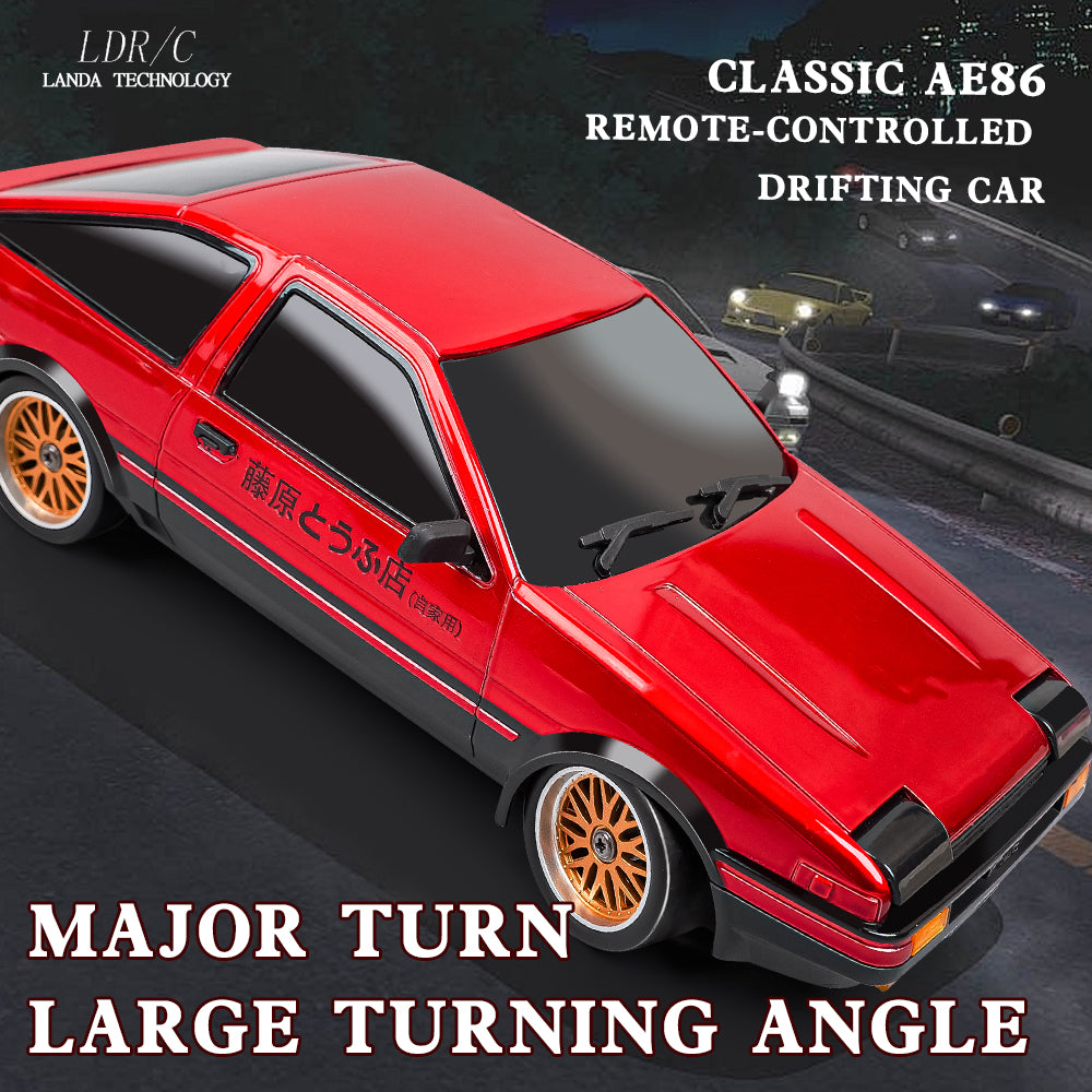 Red AE86 remote-controlled drifting car with gold wheels, major turn feature from revnhaus