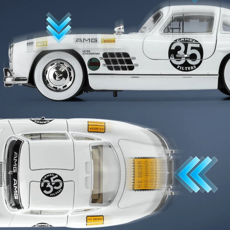 White AMG race car die-cast model with Camel 35 livery, detailed decals, from revnhaus