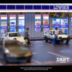 Die-cast drift car models with figures at LowSen convenience store scene from revnhaus