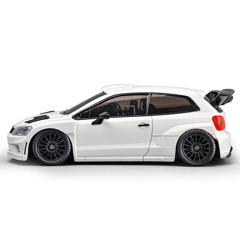 White die-cast RC drift car with black rims and rear wing from revnhaus