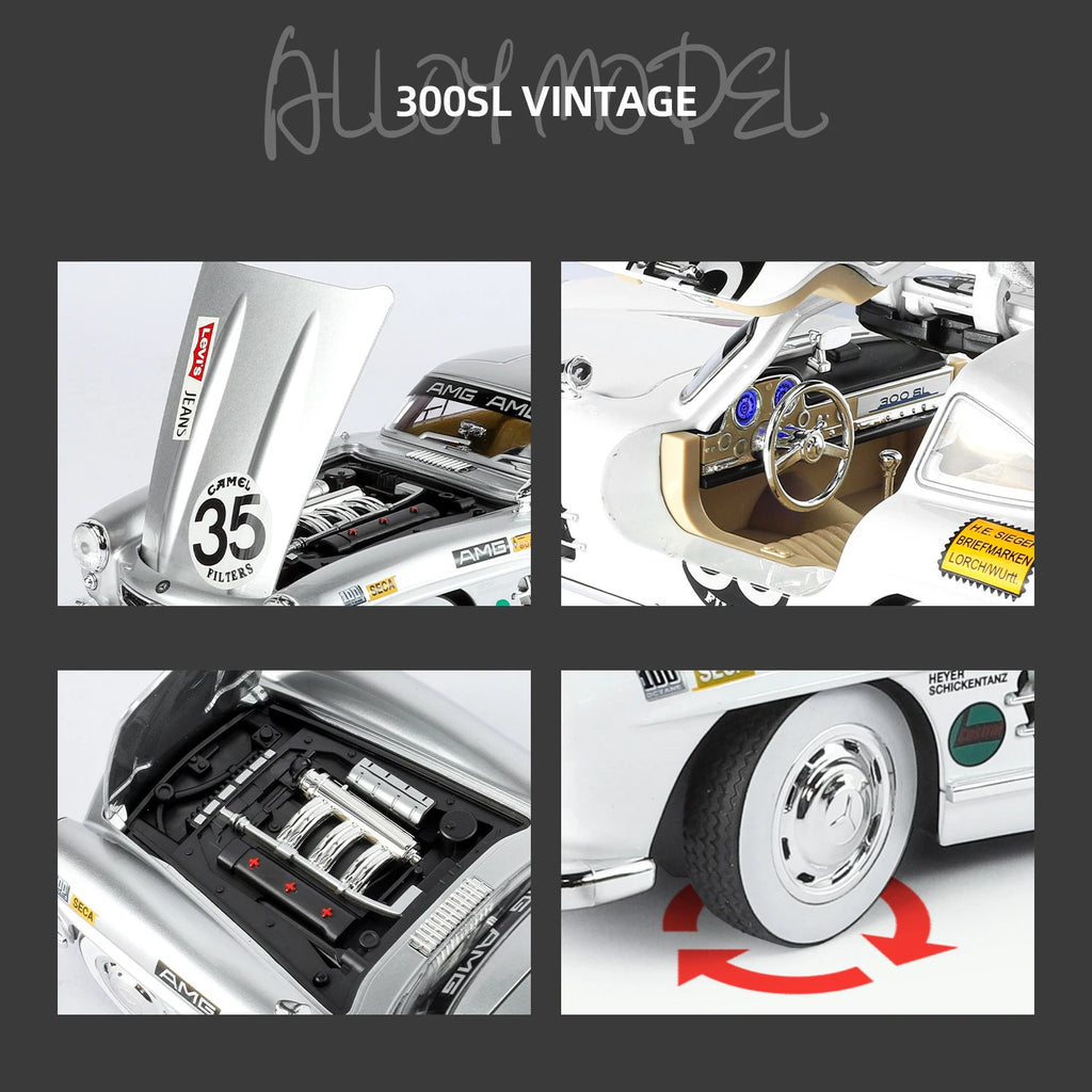 Silver 300SL vintage alloy model car with detailed engine, interior, and racing decals from revnhaus