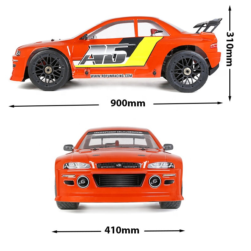 Orange RC drift car with A5 livery, 900mm length, 310mm height, from revnhaus