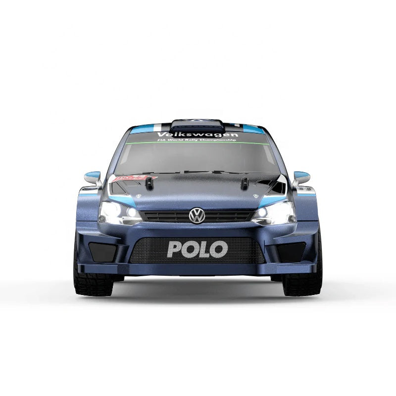 Blue Volkswagen Polo rally car front view, FIA World Rally Championship livery from revnhaus