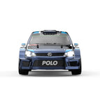 Blue Volkswagen Polo rally car front view, FIA World Rally Championship livery from revnhaus