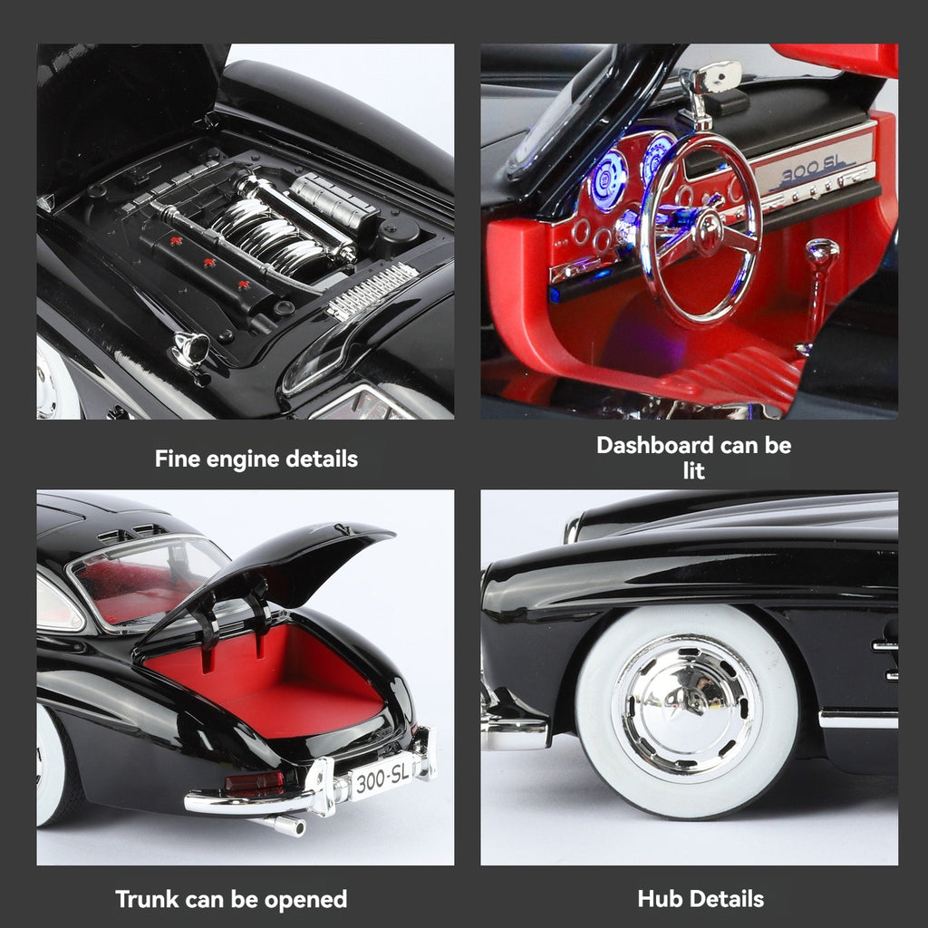 Black 300 SL die-cast model car with detailed engine, lit dashboard, opening trunk, and chrome hubs from revnhaus
