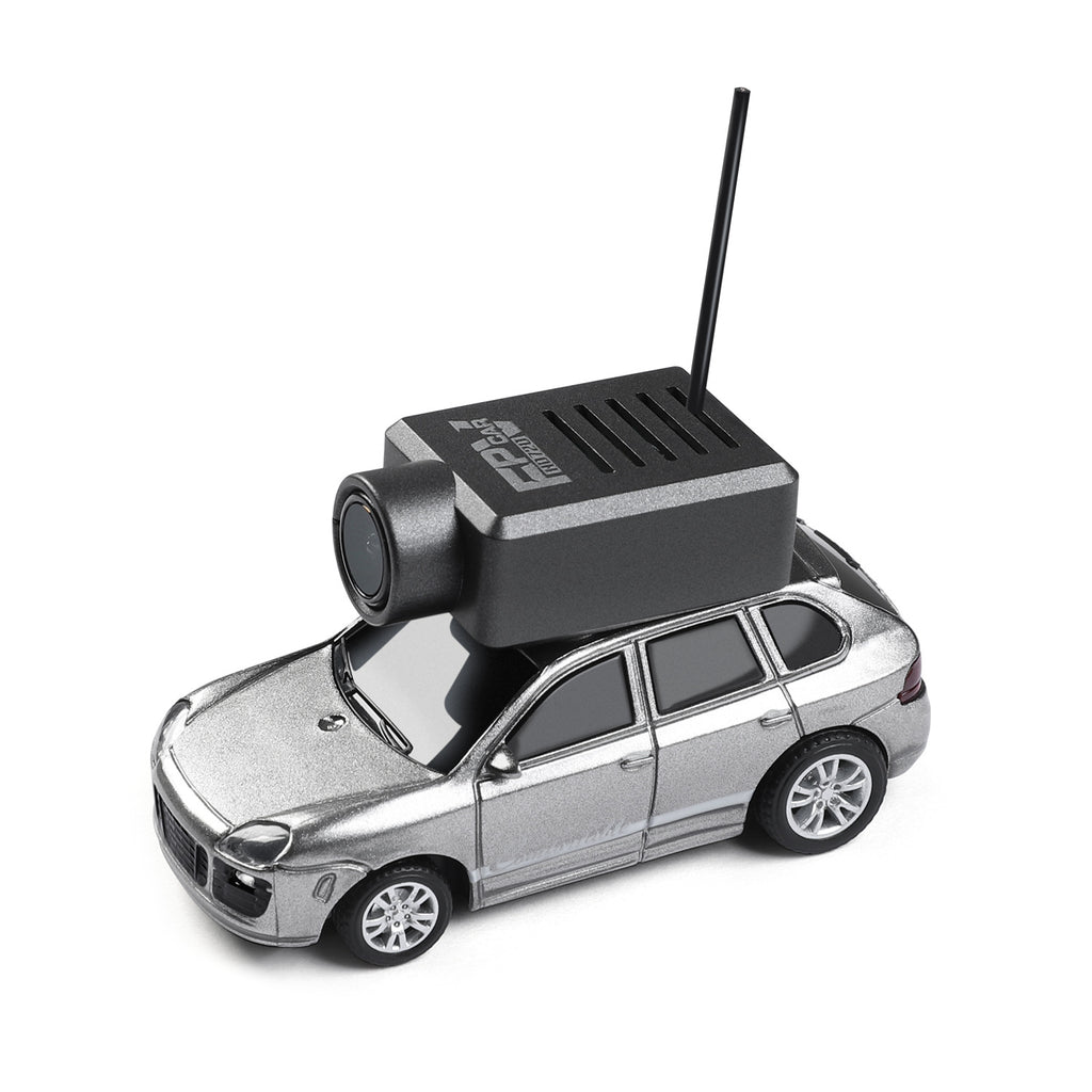 Silver RC drift car with FPV camera and antenna from revnhaus