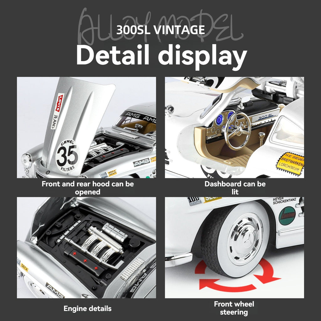 300SL vintage alloy model car with open hoods, lit dashboard, detailed engine, and steerable wheels from revnhaus