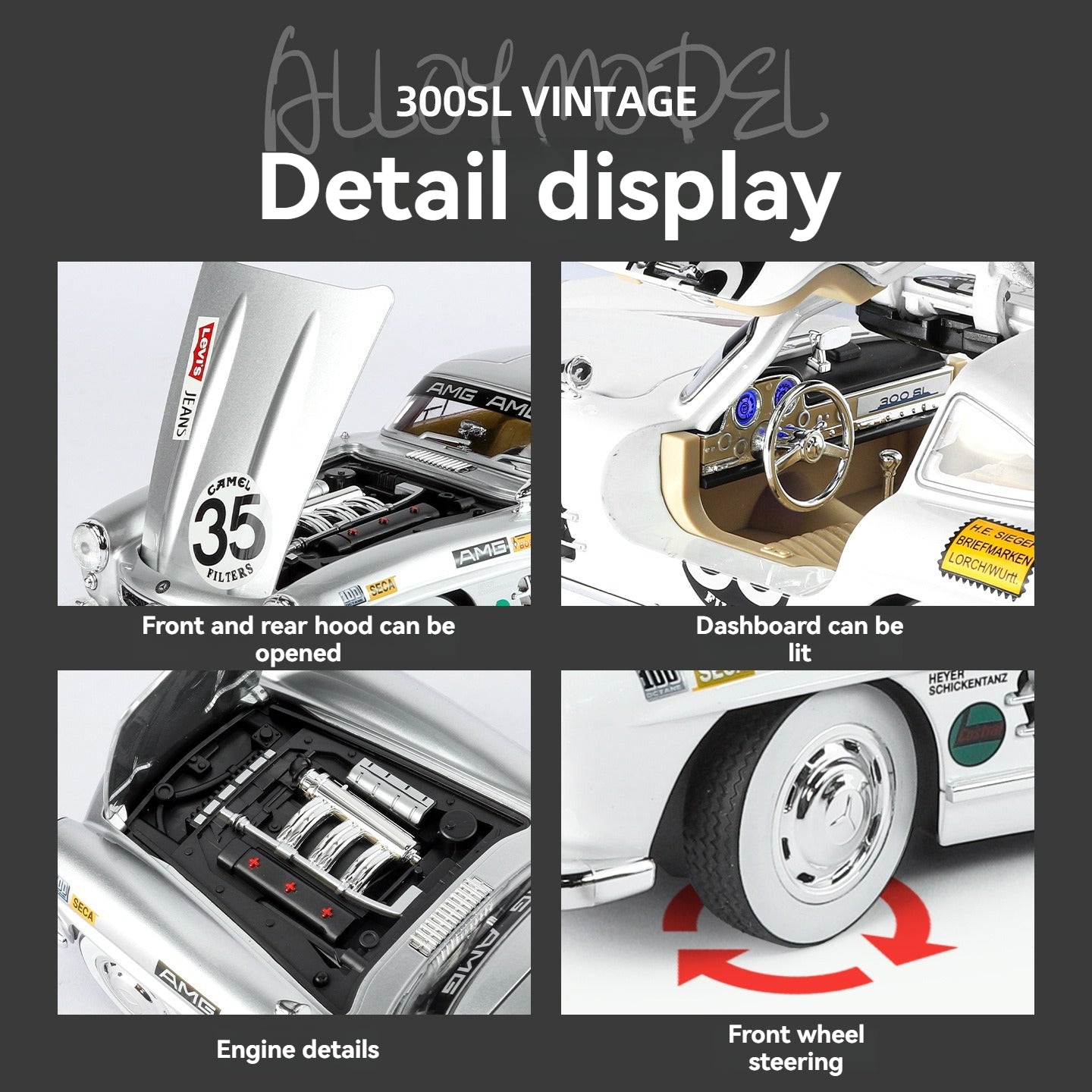 300SL vintage alloy model car with open hoods, lit dashboard, detailed engine, and steerable wheels from revnhaus