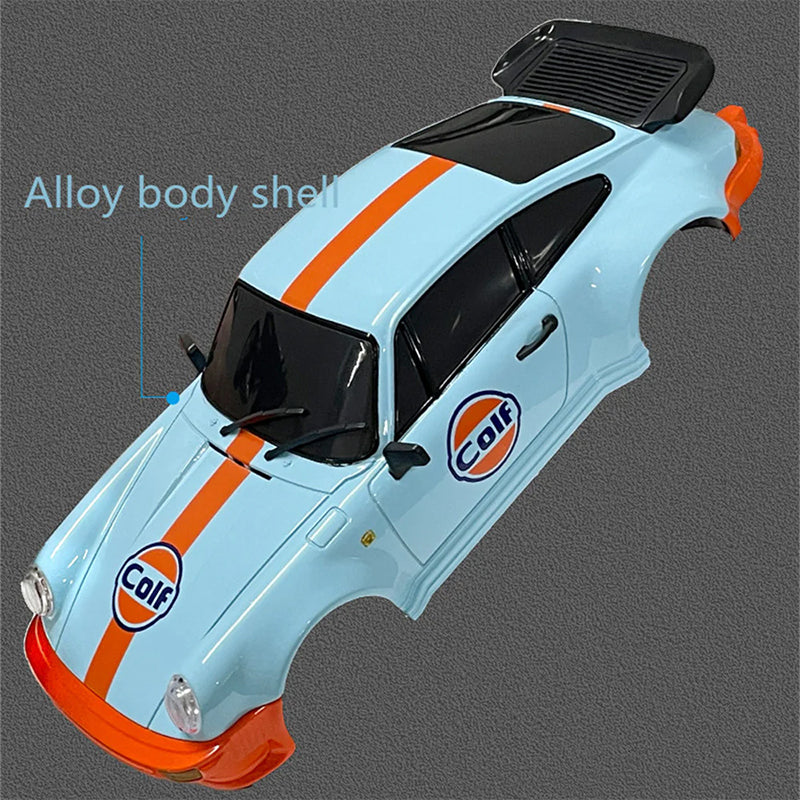 Light blue RC drift car body with orange stripes and Colf logos, alloy shell from revnhaus