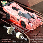 Pink RC drift car with 4WD, glowing red underglow, and exposed nylon differentials for precise control from revnhaus