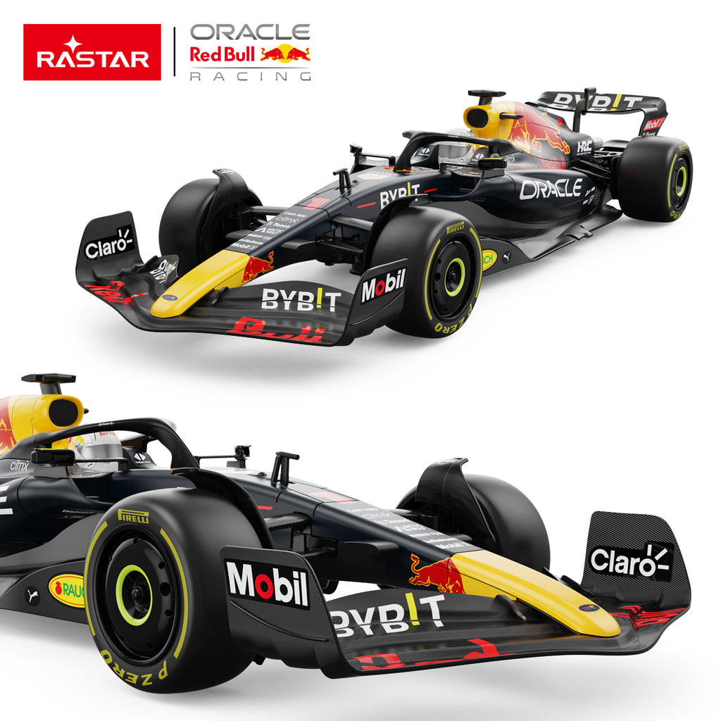 Oracle Red Bull Racing F1 car model with Rastar branding, featuring Mobil, BYBIT, and Claro logos from revnhaus