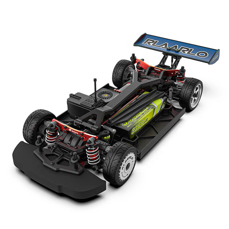 RC drift car with exposed chassis, red suspension, and RLAARLO wing from revnhaus