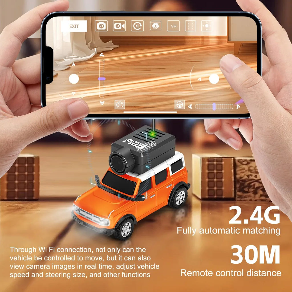 Orange RC drift car with camera and VR app control, 2.4G 30M range from revnhaus