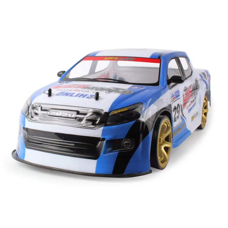 Blue and white RC drift car with gold wheels and racing decals from revnhaus