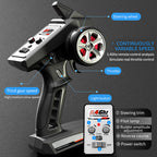 2.4GHz RC car remote control with steering wheel, throttle, and gear settings from revnhaus