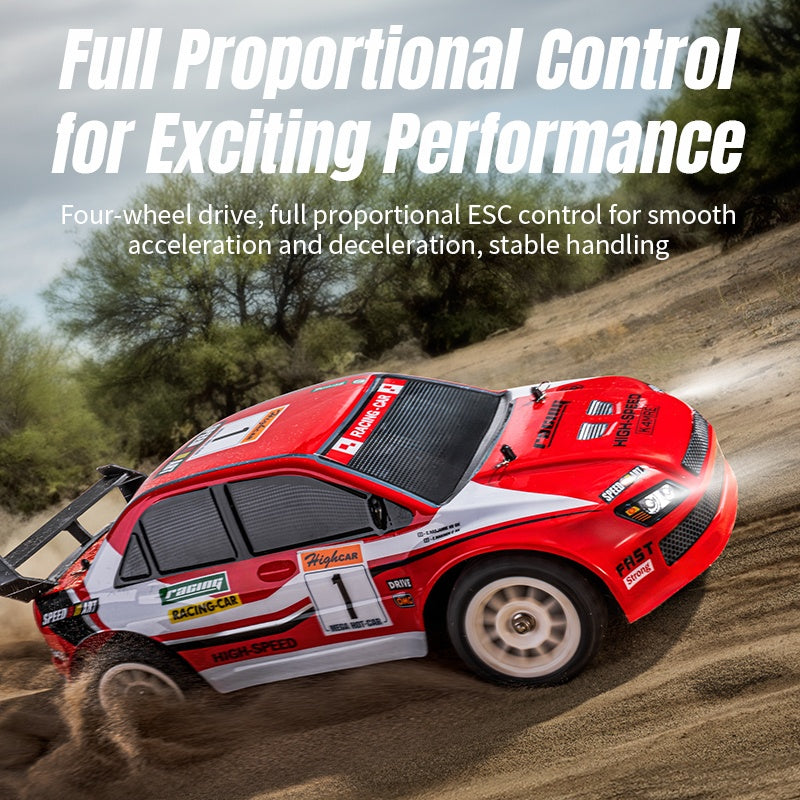 Red RC drift car racing on dirt track with full proportional control, from revnhaus