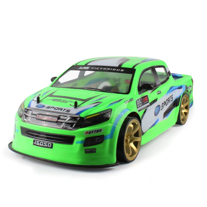 Green RC drift car with gold wheels and racing decals from revnhaus