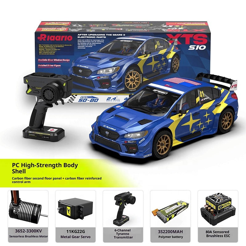 Blue RC drift car with yellow stars, 6-channel transmitter, and upgrade parts from revnhaus