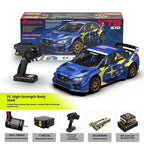 Blue RC drift car with yellow stars, 6-channel transmitter, and upgrade parts from revnhaus