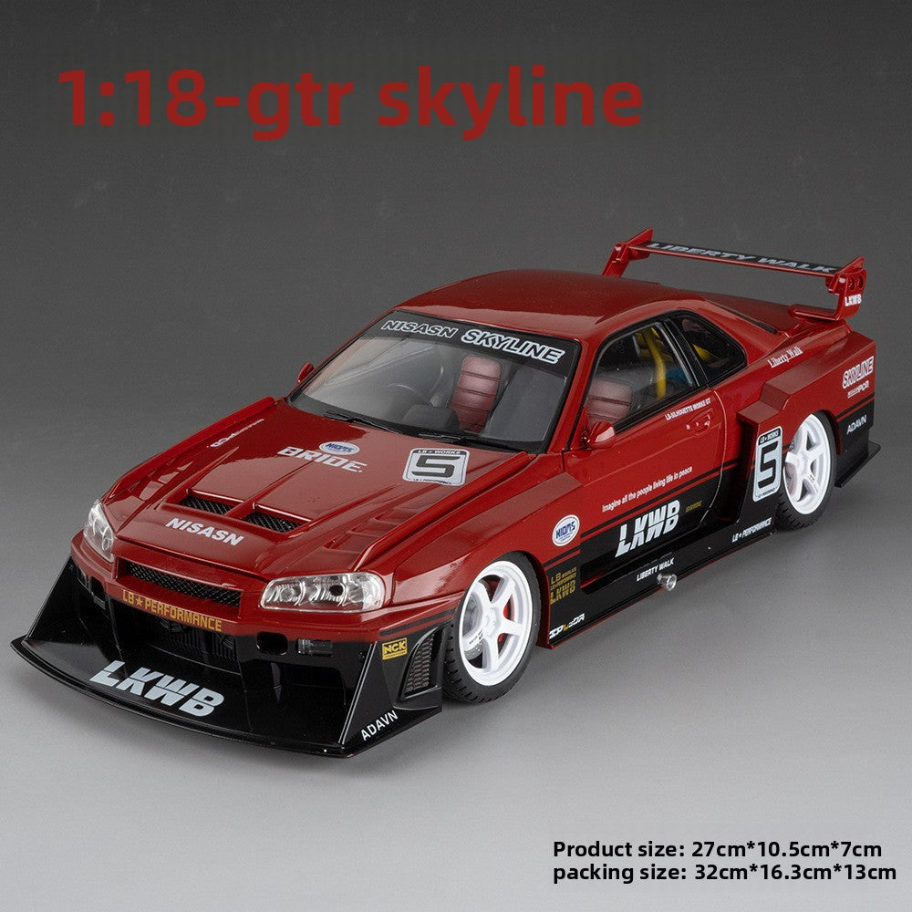 1:18 scale red Nissan Skyline GTR die-cast model with LB Performance body kit and Liberty Walk widebody from revnhaus
