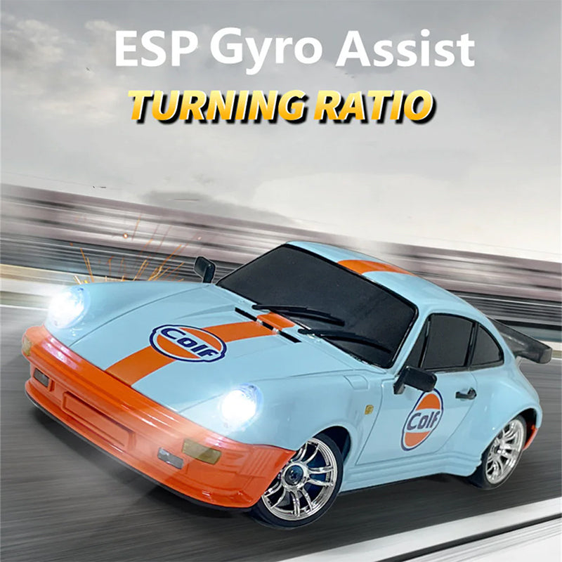 RC drift car with ESP Gyro Assist and turning ratio, light blue and orange Colf livery, from revnhaus