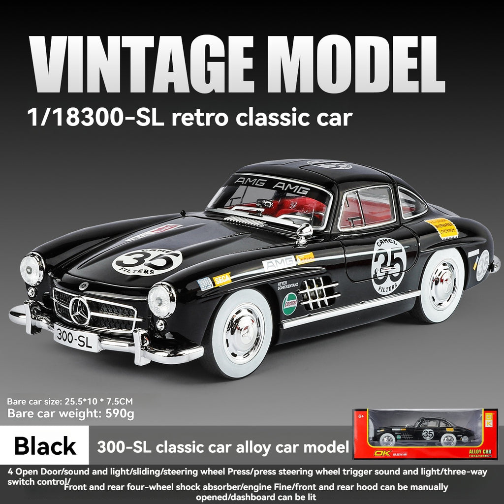 Black 1/18 300-SL vintage alloy model car with racing decals and openable doors from revnhaus