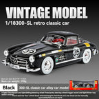 Black 1/18 300-SL vintage alloy model car with racing decals and openable doors from revnhaus