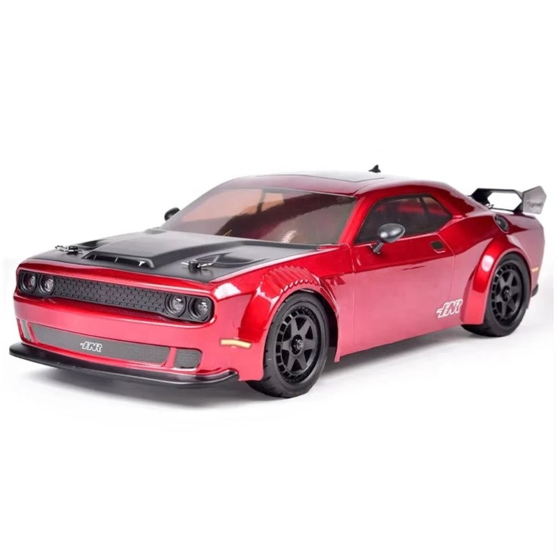 Red RC drift car with black hood and rear wing, detailed die-cast model from revnhaus